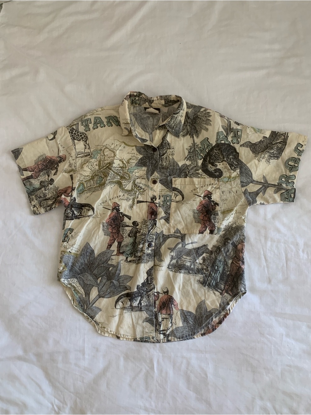 Vintage 80s Fritzi Safari Map Print Short Sleeve Button Down Blouse Small